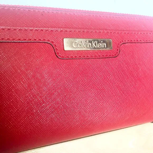 Calvin Klein Red Saffiano Leather Zip Around Long Wallet w/ Gold Interior - Picture 8 of 11